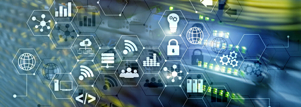 ICT - information and telecommunication technology and IOT - internet of things concepts. Diagrams with icons on server room backgrounds.